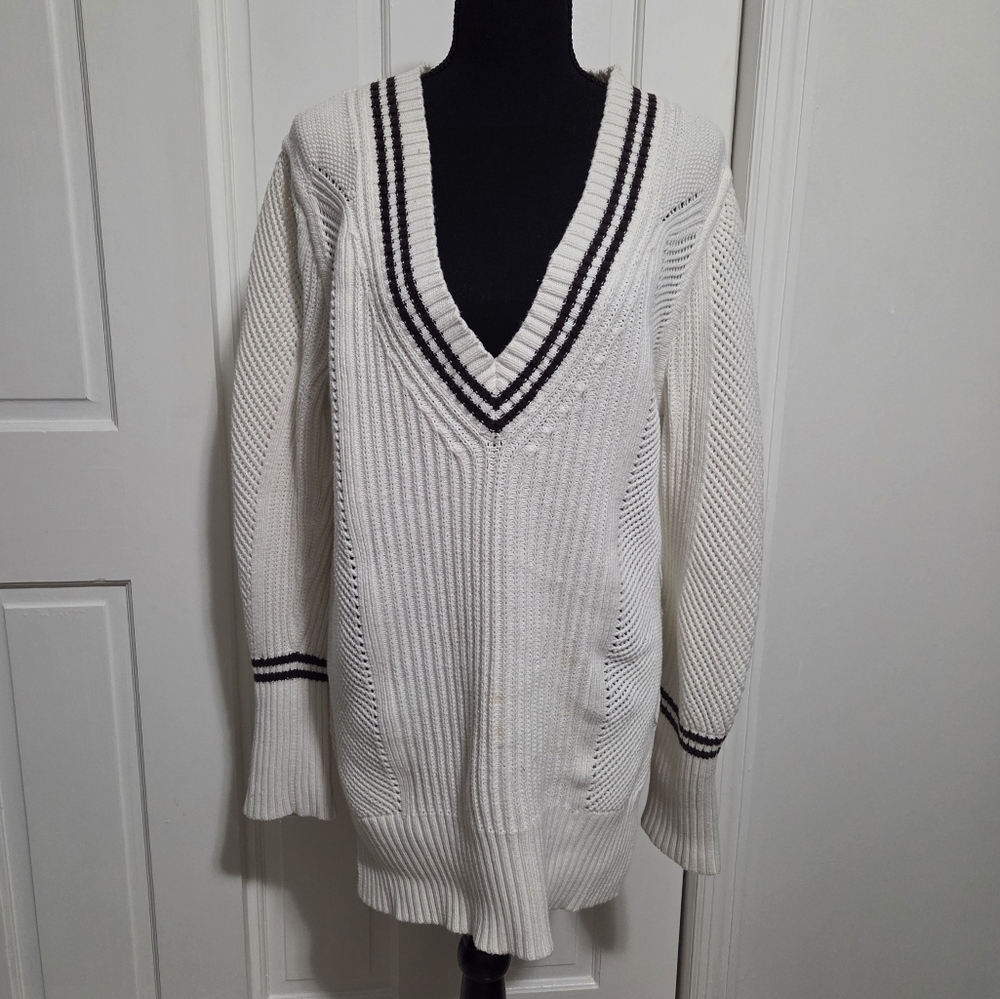Banana Republic White V-Neck Knit Sweater with Sporty Black Striped Border